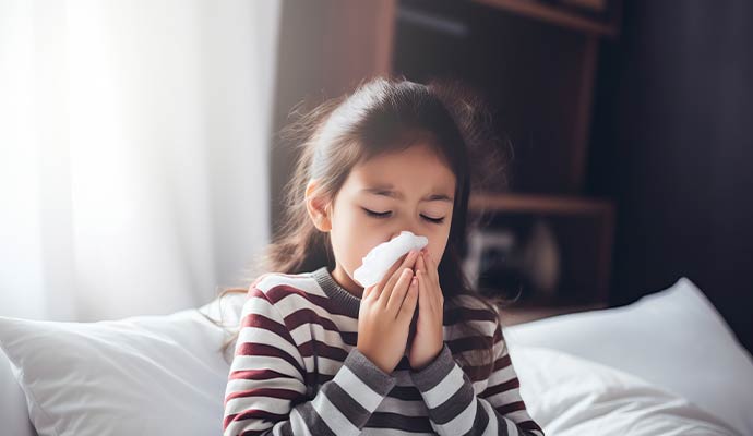 A girl blows her nose into a tissue
