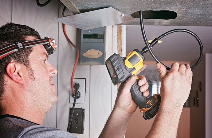 Professional worker cleaning air duct