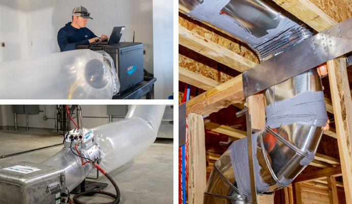 Collage of Aeroseal duct sealing equipment and sealed attic ductwork