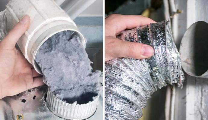 Collage of clogged and maintained dryer vents
