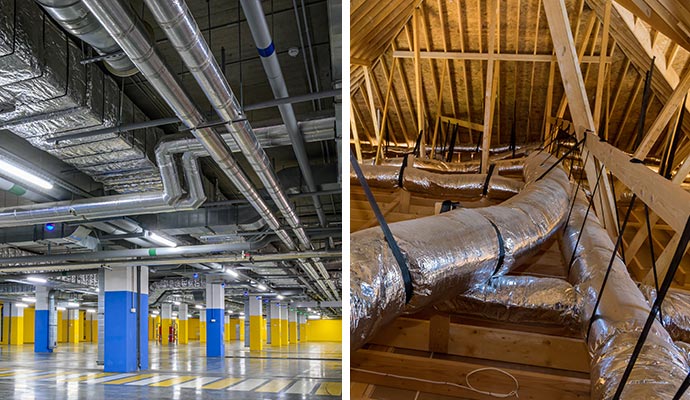 Collage of commercial and residential air duct services.