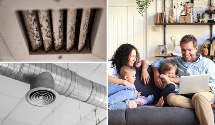 Collage of moldy vent, fogging system for vent and a happy family enjoying good indoor air quality