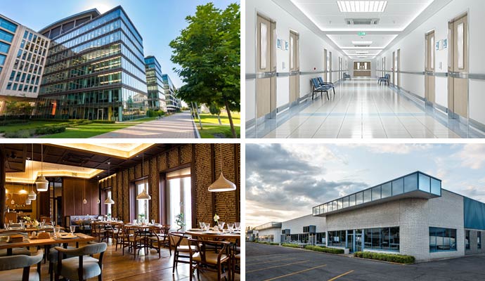 Collage of office building, hospital, restaurant and retail store