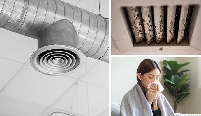 Collage of vent fogger moldy vent and a person with allergy issues