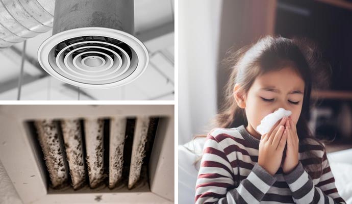 Collage of vent fogging, allergy prevention, mold air duct