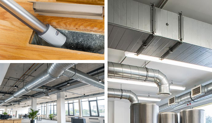 Collage of duct sanitization, installed clean air duct in a commercial space, and commercial hvac ductwork systems