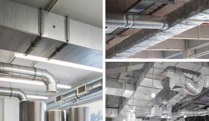 Different types of commercial HVAC ductwork systems.