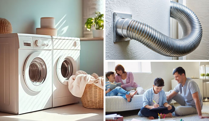 A collage illustrating professional laundry room maintenance and a happy family in a safe home environment