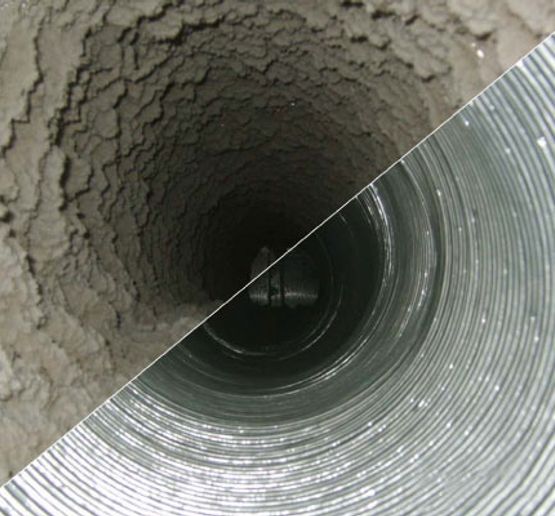 Collage showing air ducts before and after professional cleaning