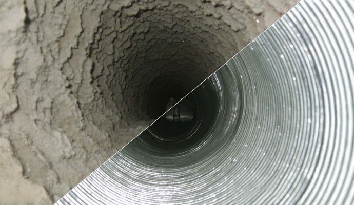 Collage showing air ducts before and after professional cleaning
