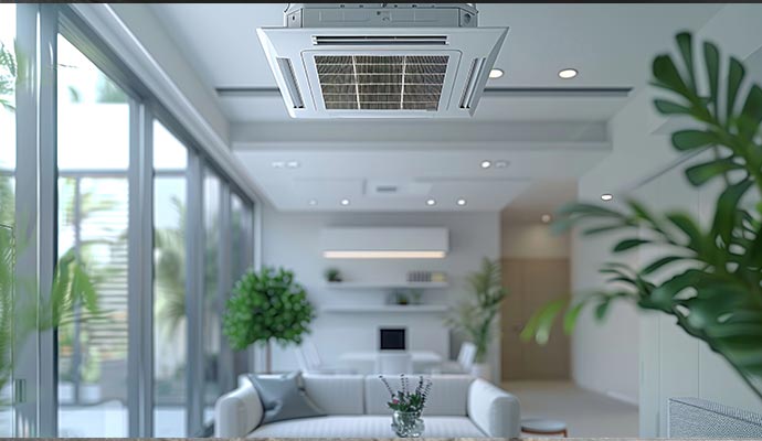 Close-up view of the interior of a dirty air duct with dust and debris.