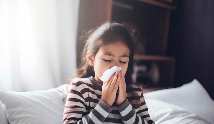 Young girl blowing nose with tissue due to allergen issue