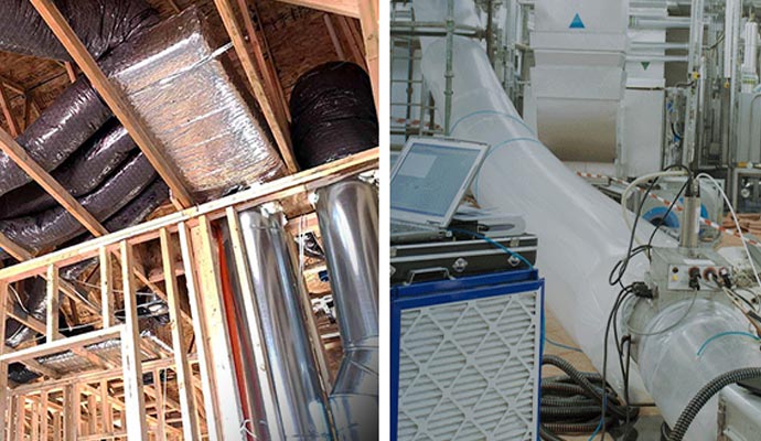 Collage of commercial and residential duct sealing service Collage of commercial and residential duct sealing service