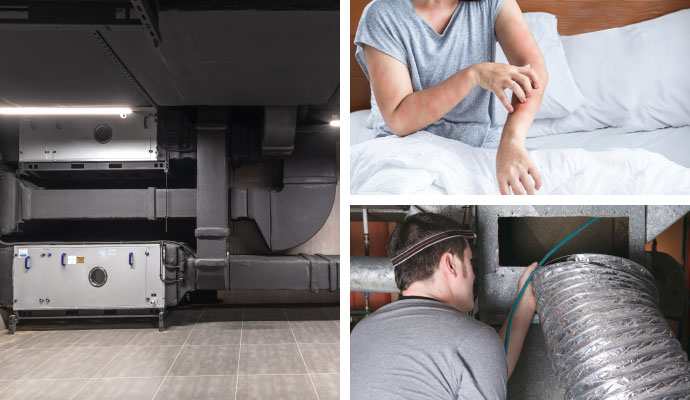 Collage of clean HVAC ductwork, technician servicing ducts, and skin reaction