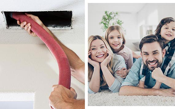Worker cleaning duct and happy family enjoying indoor air