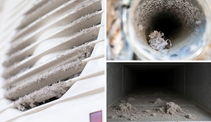 A collage showing heavy dust and debris buildup on HVAC vents and inside residential air ductwork