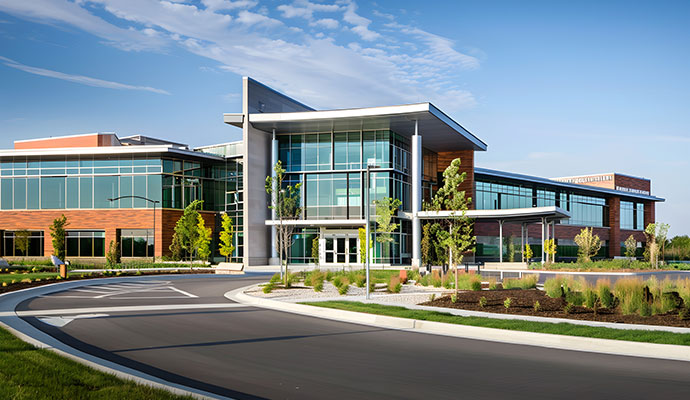 An exterior view of a modern industrial park