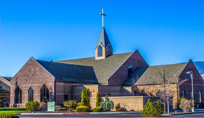 Wide exterior view of a church building