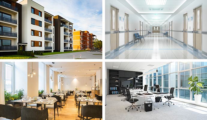 Collage of apartments, hospital office buildings and restaurants