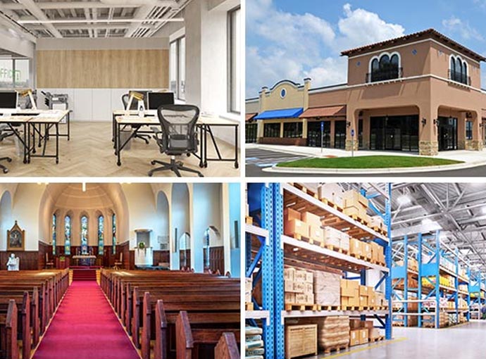 Collage of clean commercial buildings and interiors Collage showing cleaned commercial areas including an office, church, and retail store