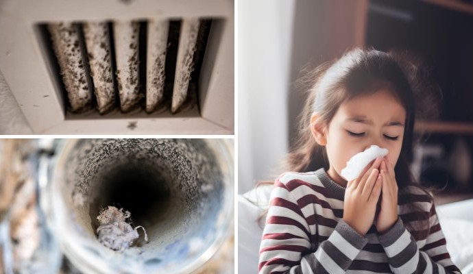 Collage of moldy and dusty air vent and a child having allergen issue