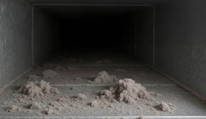 Debris accumulation inside an air duct.