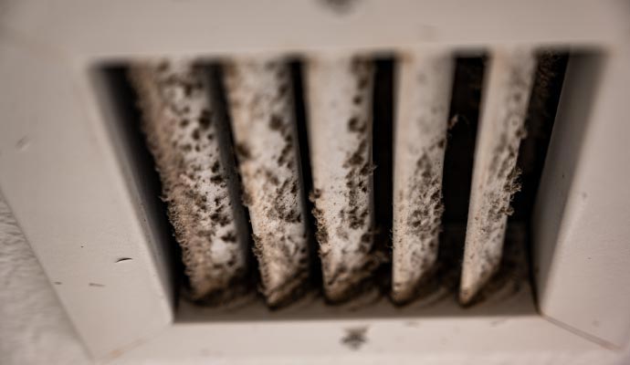 Dirty HVAC vent with mold and dust buildup
