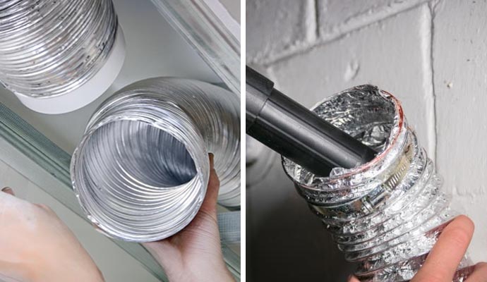 Cleaning flexible foil dryer vent with professional vacuum.