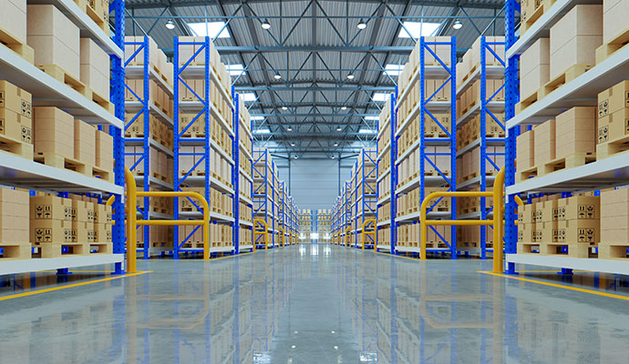 An interior view of a vast modern warehouse with high ceiling