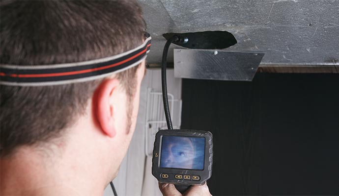 Technician detecting duct leak Technician detecting duct leaks using professional device