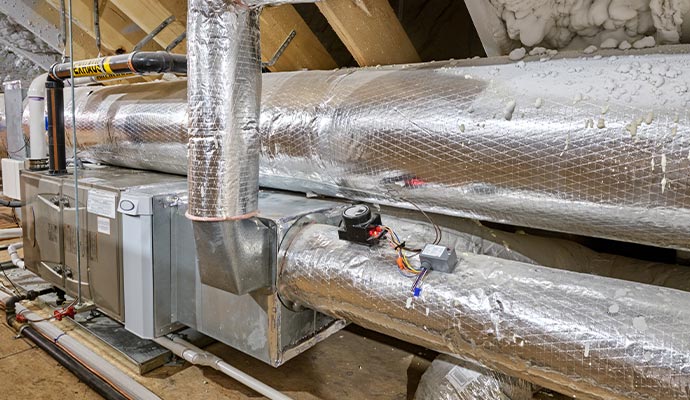 Installed insulated HVAC duct system Duct system properly installed with insulation for energy efficiency