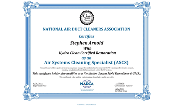 Stephen Arnold's Certification from National Air Duct Cleaners Association